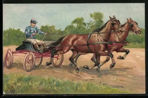 Lithographie Jockey im Rennwagen