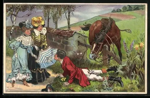 AK Reiter wurde während der Fuchsjagd vom Pferd geworfen vor die Füsse zweier Damen