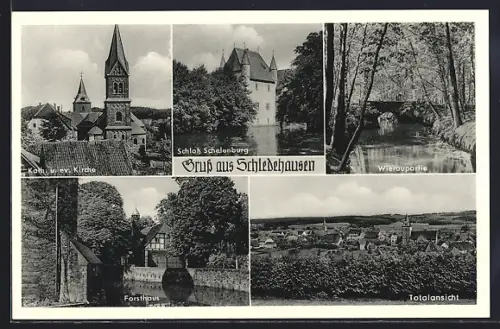 AK Schledehausen / Bissendorf, Schloss Schelenburg, Ev. Kirche, Wieraupartie, Forsthaus, Totalansicht