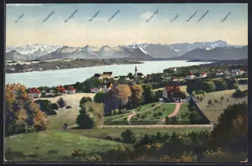 AK Starnberg, Ortsansicht mit See und Gebirgspanorama