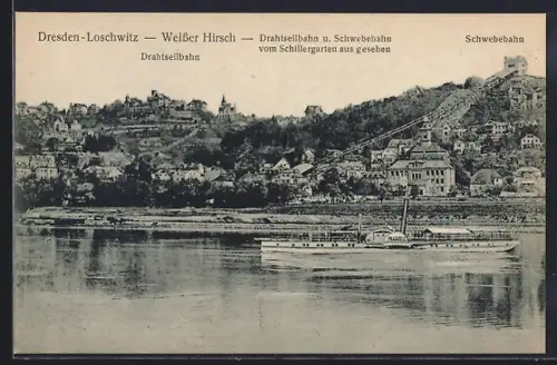 AK Dresden-Loschwitz, Drahtseilbahn u. Schwebebahn vom Schillergarten aus gesehen