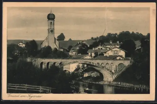 AK Gmund am Tegernsee, Kirche, Brücke, Ortsansicht
