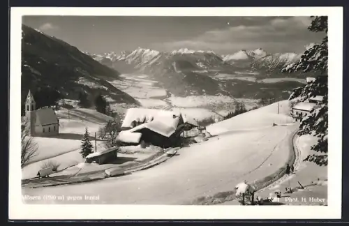 AK Mösern, Winterlandschaft, Kirche, Blick ins Inntal