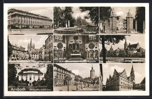 AK Ansbach, Schloss, Hofgarten, Marktplatz, Gumbertuskirche, Prinzenschlösschen, Herrieder Tor