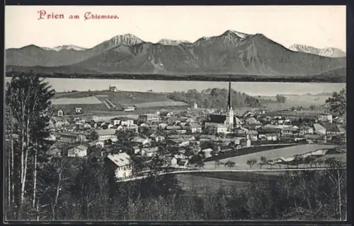 AK Prien am Chiemsee, Ortsansicht, Kirche, Alpenpanorama