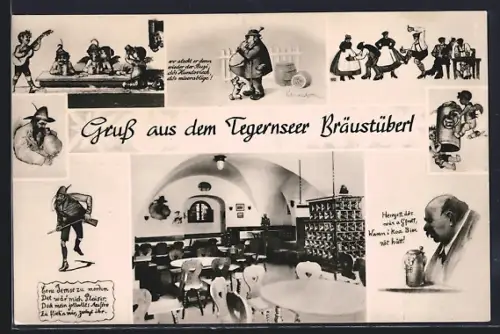 AK Tegernsee, Bräustüberl, Innenansicht, humoristische Szenen