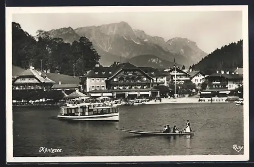 AK Königsee / Berchtesgaden, Seehotels, Schiffe, Untersberg im Hintergrund