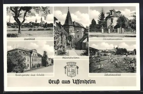 AK Uffenheim, Stadtkirche, Heinrichsturm, Heimatmuseum, Amtsgericht und Schule, Schwimmbad