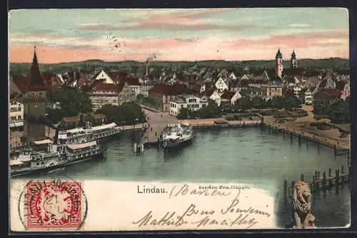 AK Lindau / Bodensee, Hafen, Löwe, Schiffe