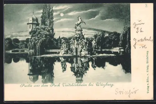 AK Veitshöchheim bei Würzburg, Partie aus dem Park Veitshöchheim, Teich, Skulpturen, Turm