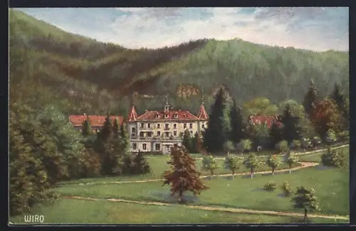 Künstler-AK Badenweiler, Blick zum Schloss-Hotel Hausbaden