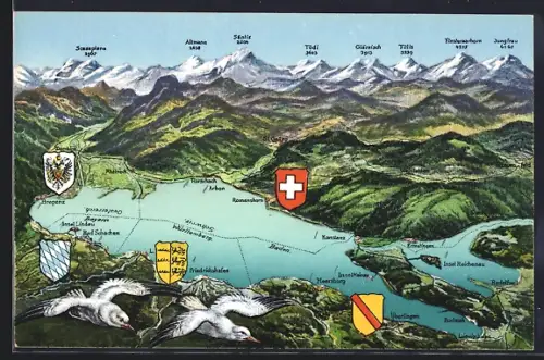 AK Meersburg, Landkarte des Bodensees mit Umgebung