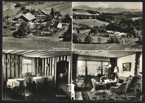 AK Brugg i. Allgäu, Pension der Familie Wechsel, Blick v. Brugg, Speisesaal und Leseraum