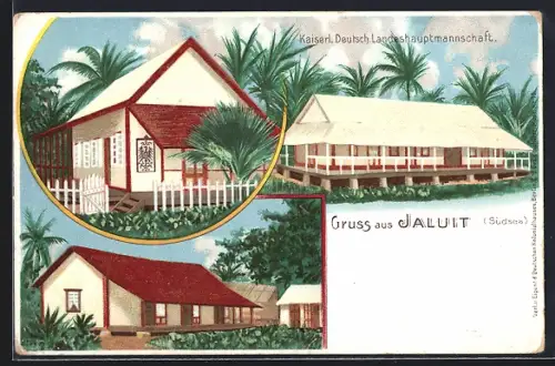 Lithographie Jaluit, Gebäudeansichten der Kaiserl. Deutsch. Landeshauptmannschaft mit Palmen