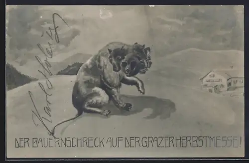 Künstler-AK Graz, Herbstmesse, Tier mit mehreren Gesichtern auf einem Hügel, Der Bauernschreck