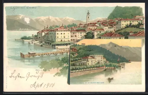 Lithographie Bellagio /Lago di Como, Hotel de la Grande Bretagne, Panorama
