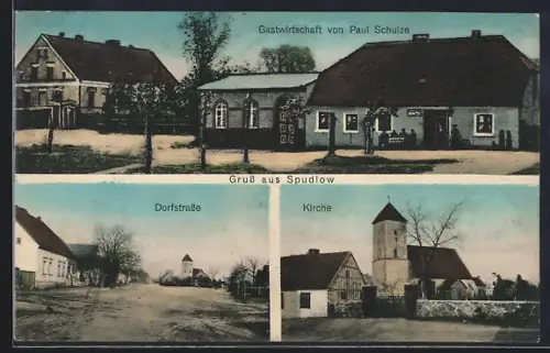 AK Spudlow, Gasthaus von Paul Schulze, Dorfstrasse, Kirche