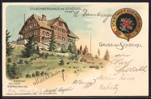 Lithographie Stubenberghaus am Schöckel, Eigentum des Steir Gebirgsvereins