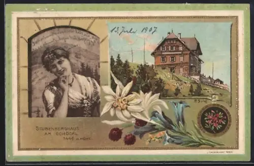Künstler-AK Stubenberghaus, Berghütte am Schöckl, Portrait einer Dame in Tracht, Edelweiss