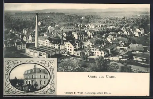 AK Cham, Gasthaus, Ortspanorama mit Schornsteinen