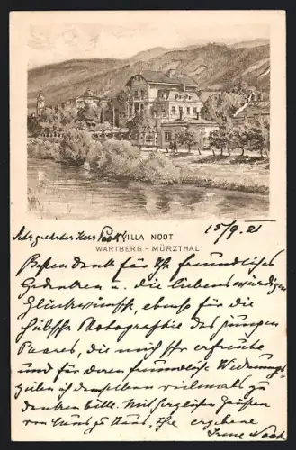 Künstler-AK Wartberg /Mürzthal, Villa Noot, Totalansicht am Ufer