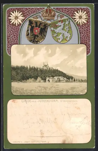 Präge-AK Judendorf-Strassengel, Teilansicht mit Kirche, Passepartout mit Wappen und Kaiserkrone