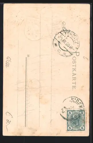 Präge-AK Judendorf-Strassengel, Teilansicht mit Kirche, Passepartout mit Wappen und Kaiserkrone