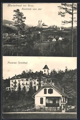 AK Graz, Mariatrost, Pension Teichhof, Ortsansicht mit Kirche