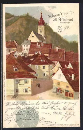 Künstler-AK St. Michael /Obersteiermark, Ortsansicht mit Kirche