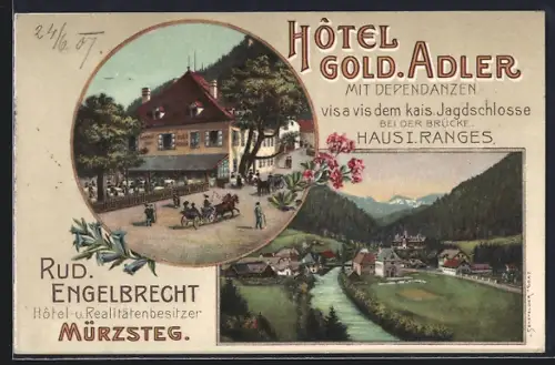 AK Mürzsteg, Hotel Gold. Adler von Rud. Engelbrecht vis a vis dem kais. Jagdschlosse