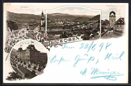 Lithographie Leoben, Hotel Gärner, Stadt Thurm, Hauptplatz