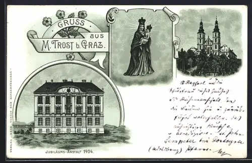 Lithographie Graz, Mariatrost, Jubiläums-Anstalt 1904, Kirche, Maria und das Jesuskind