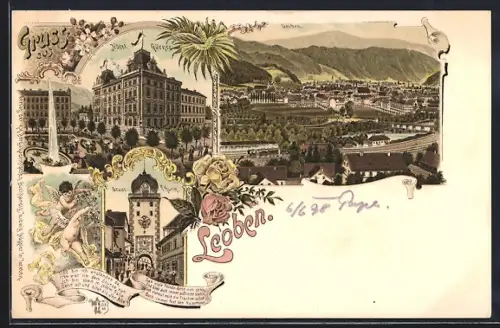 Lithographie Leoben, Hotel Gärner, Stadt-Thurm, Ortspanorama mit Bergen