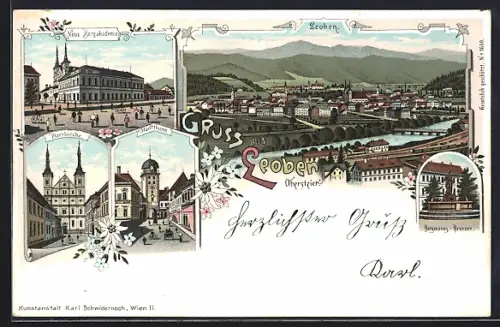 Lithographie Leoben /Obersteier, Bergmann-Brunnen, Stadtthurm, Hauptplatz, Gesamtansicht