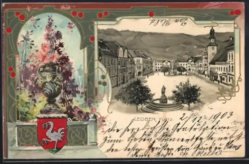 Lithographie Leoben, Platz aus der Vogelschau, Wappen