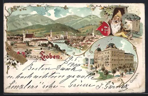 Lithographie Leoben, Gesamtansicht, Hotel Gärner, Zwerg