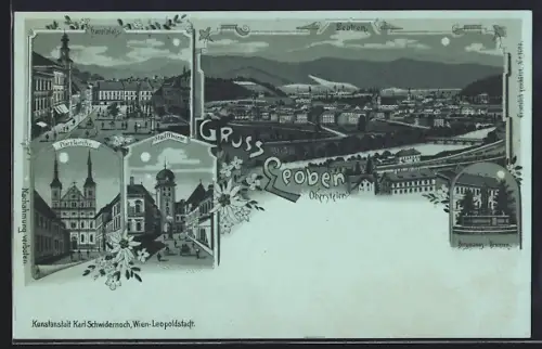 Mondschein-Lithographie Leoben /Obersteier, Pfarrkirche, Hauptplatz, Bergmann-Brunnen, Stadtthurm