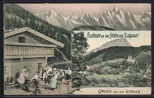 AK Radmer an der Stube, Ortsansicht mit Lugauer, Tanzende Paare in Trachten vor einer Hütte