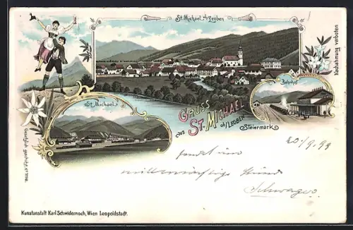 Lithographie St. Michael ob Leoben, Gesamtansicht mit Kirchturm und Bahnhof