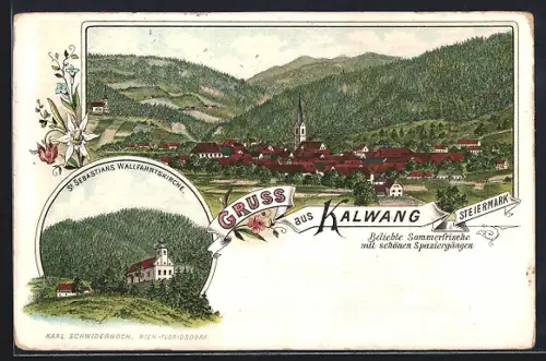 Lithographie Kalwang /Steiermark, St. Sebastians Wallfahrtskirche