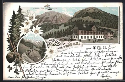 Lithographie Präbichl, Gasthof zum Reichenstein, Zahnradbahn, Edelweiss