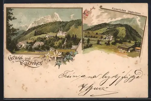 Lithographie Radmer, Kaiserliches Jagdschloss, Ortsansicht