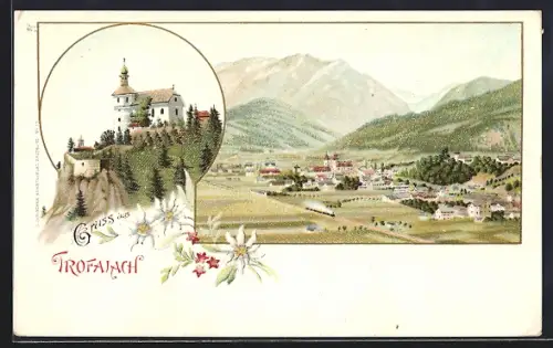 Lithographie Trofaiach, Ortsansicht von oben, Edelweiss