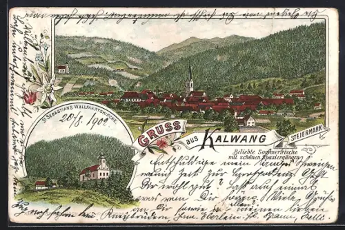 Lithographie Kalwang /Steiermark, St. Sebastians Wallfahrtskirche