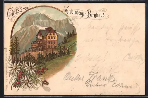 Lithographie Vordernberg, Vordernberger Berghaus gegen die Berge, Edelweiss