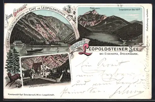 Lithographie Eisenerz, Leopoldsteiner See, Leopolsteiner Schloss