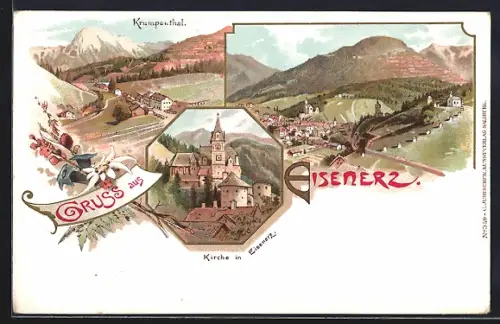Lithographie Eisenerz, Kirche, Blick ins Krumpenthal