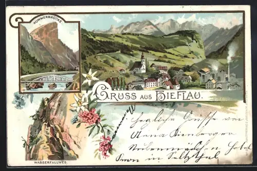 Lithographie Hieflau, Ortsansicht mit Wasserfallweg