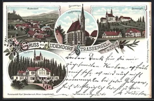 Lithographie Judendorf-Strassengel, Gesamtansicht, Wallfahrtskirche, Kurhaus