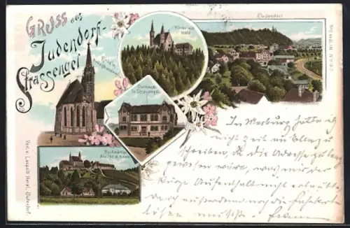 Lithographie Strassengel, Curhaus, Kirche im Wald, Blick über den Ort